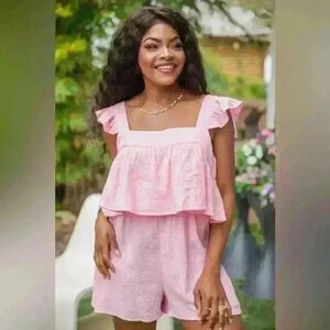 Pink Lily COMPLETELY IN TUNE PINK SQUARE NECK ROMPER - Large